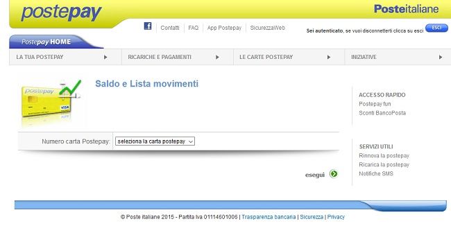 schermata sito postepay